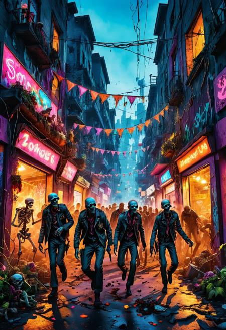 A vivid yet macabre urban celebration in a post-apocalyptic cityscape features (zombies exuberantly dancing beneath pulsating neon lights, with vibrant graffiti adorning decaying walls), (skeletons performing with instruments crafted from bones), (unadulterated creatures accompanied by skeletal companions), all set against a backdrop of swirling smoke and shimmering sparks. The illustration, masterfully executed in a fantastical comic book style, contrasts the bright pinks and electric blues against the dark shadows, capturing the simultaneous horrors and jubilation of the festivities.