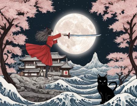 zentangle Mega sword behind back, Waves, Small Woman, Winter, japanese old house, red skirt, Dragon in the sky, Dragon around the SUN, Round dragon, Long dragon, thin dragon, stars, falling asteroid, Cat Ears, cosmos, Black Kitsune Mask, pastel colors, low saturation, no Face, Turning Back, Sakura tree . intricate, abstract, monochrome, patterns, meditative, highly detailed