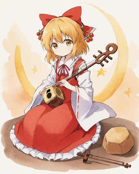 satsuki rin,1girl, solo, traditional_media, hair_bow, playing_instrument, wide_sleeves, red_bow, detached_sleeves, painting_\(medium\), long_sleeves, miko, watercolor_\(medium\), frills, red_ribbon, white_shirt, red_skirt, sitting
<lora:satsuki_rin_image186_2023-12-11:1>,star-shaped_pupils,symbol-shaped_pupils,. gorgeous,key visual, vibrant, studio anime,award-winning, professional, highly detailed,high budget, cinemascope