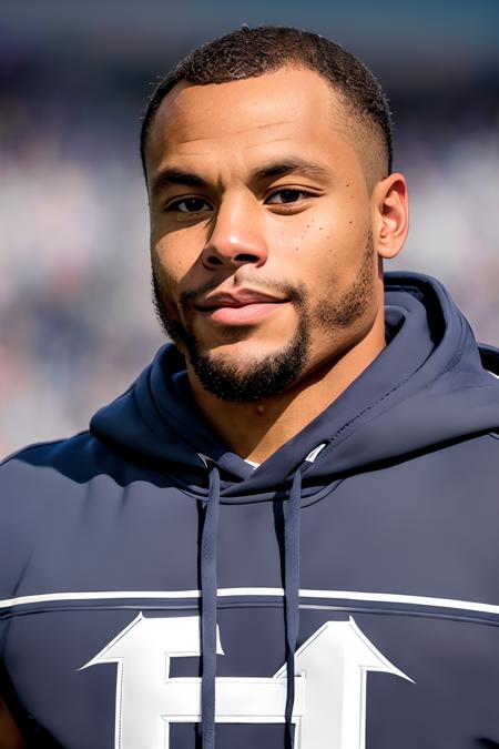 a photo of DPr35c0tt, a man, RAW, close portrait photo, (medium shot), (beard), blue hoodie, blue cap, stands in the background, football stadium, (high detailed skin:1.2), 8k uhd, dslr, soft lighting, high quality, film grain, Fujifilm XT3 sharp focus, f 5.6