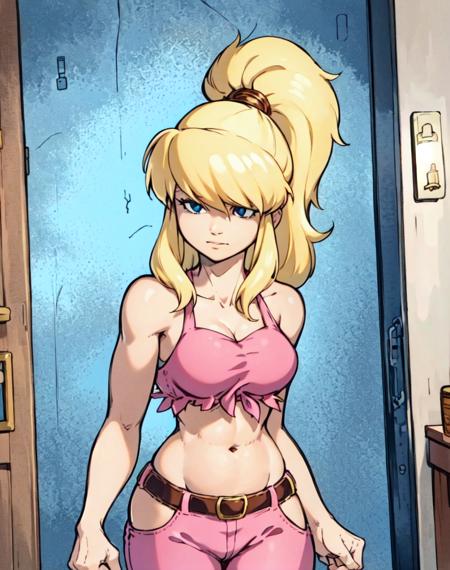 <lora:Julie_Winters_V2:.75> julie winters, pink halter top, pants, blonde hair, midriff, navel, upper body, solo, high ponytail, indoors, (best quality:1.2)