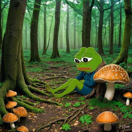 A place taken over by mushrooms and tree roots, (((pepe_frog))), 1 boy <lora:pepe_frog SDXL:1.2>