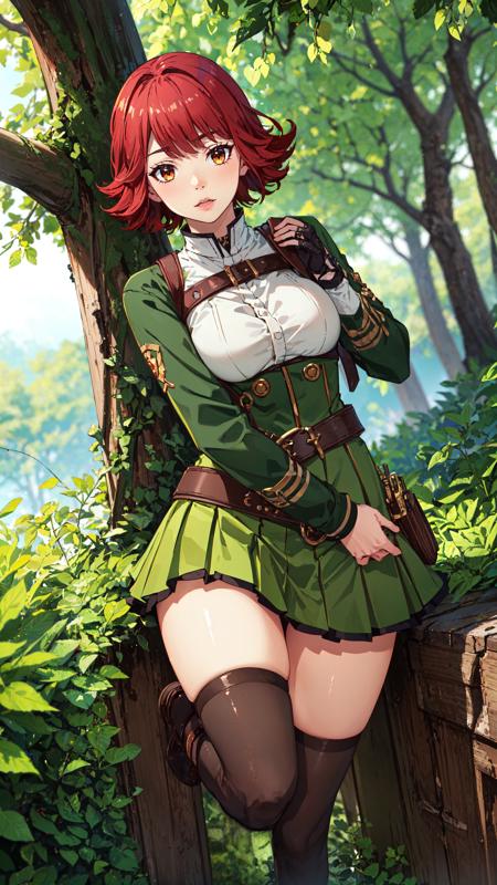 short hair red hair orange eyes green and white outfit belt green skirt