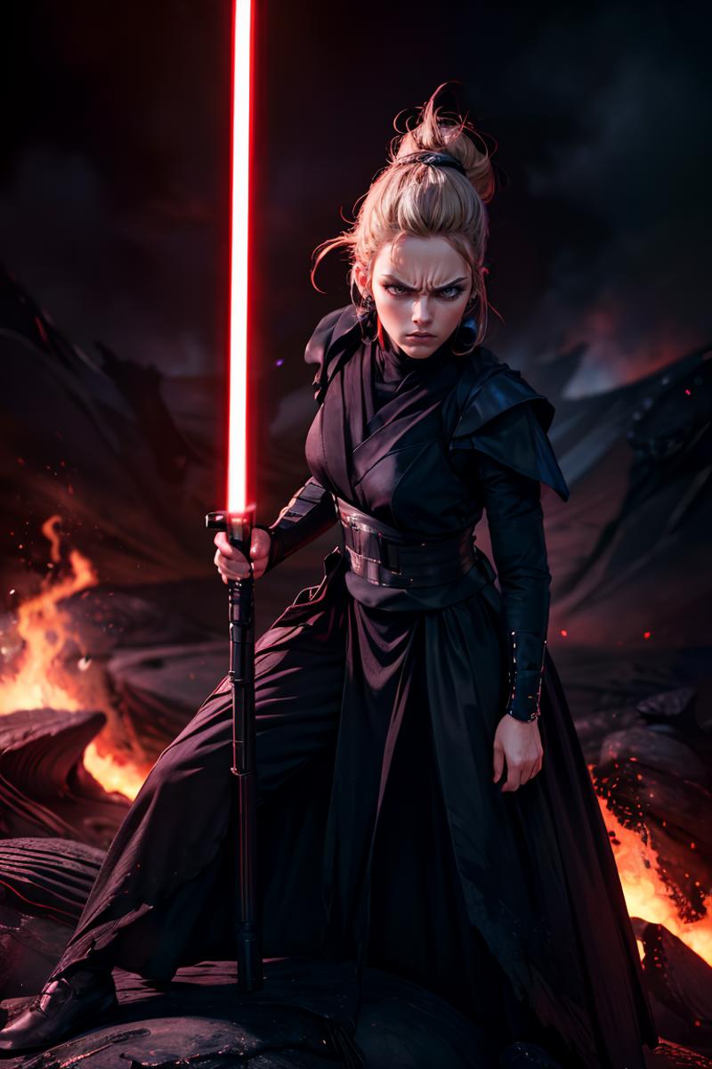 A woman in a black dress and a red lightsaber.