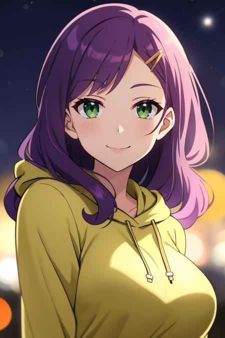 masterpiece, best quality, solo, mature female, soft lines,
long hair, wavy hair, purple hair, green eyes, hairclip, large breasts, hoodie, light smile,
night, bokeh, portrait,