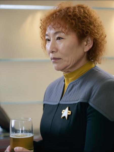 older asian woman with ginger curly hair in black and yellow ds9st uniform,in a bar<lora:DS9XL:0.8>