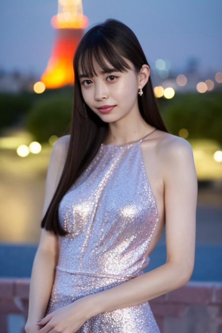 1girl wearing a glittery dress,in front of Tokyo Tower,(RAW photo, best quality), (realistic, photo-realistic:1.4), masterpiece, an extremely delicate and beautiful, extremely detailed, 2k wallpaper, Amazing, finely detail, extremely detailed CG unity 8k wallpaper, ultra-detailed, highres, soft light, beautiful detailed girl, extremely detailed eyes and face, beautiful detailed nose, beautiful detailed eyes,perfect anatomy,soft light,slender body,standing,city lights at night