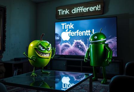 "In a dimly lit, decaying Italian apartment, a cartoonish green apple with exaggerated, glaring eyes and twisted limbs faces off against the iconic Android logo robot. The apple, perched on a cracked glass coffee table, sports a menacing grin and clenched, vine-like fists. Opposite it, the Android robot, its green metallic surface tarnished and scratched, stands in a defensive stance with malfunctioning, twitching antennae and a glare from its flickering eyes.
The massive OLED TV on the wall displays a vivid Apple computer commercial, casting a cold, flickering light that illuminates the tense standoff. Shadows from the TV’s bright visuals stretch and distort across the room, adding a dramatic effect to the confrontation.
Above the TV, a warped cardboard sign reading 'Think Different!' with jagged, irregular lettering hangs, its flickering LEDs casting eerie, shifting shadows on the peeling stucco walls. The room, once elegant with exposed brick and wooden beams, now feels oppressive and claustrophobic, filled with the scent of mildew. The green apple’s glossy skin and the Android’s rusty body gleam under the unsettling light, emphasizing their contrasting forms and the bizarre, hostile encounter in this decrepit, tech-infused setting."