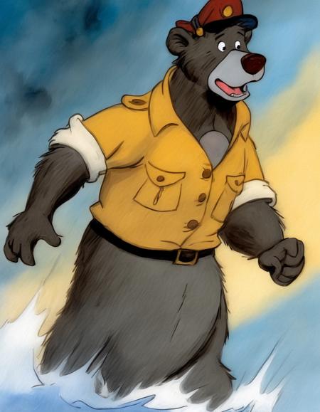 BAStyle, <lora:TaleSpin_-_Baloo_2:0.8> 1boy, bear baloo, cartoon, face, furry, hat, male focus, peaked cap, red headwear, solo, yellow shirt, full body, running away from santa claus,  highest quality, a painting , magic, [sci-fi artwork], bold colors, by Dave Dorman