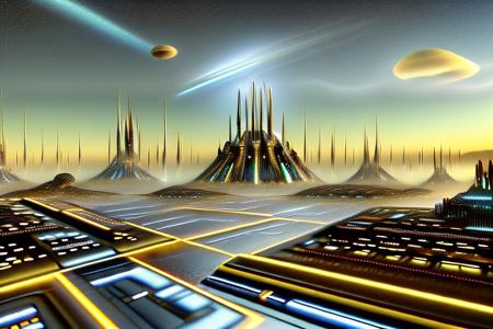 masterpiece, awesome quality, hyper detailed, ((DonMX3n0T3ch, futuristic, scifi, tech)), landscape android, cyborg, <lora:DonMX3n0T3ch:1.5> cool, awesome