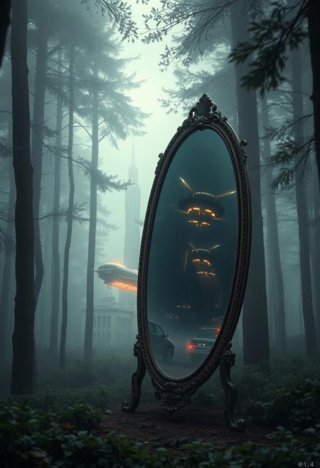 A freestanding, antique mirror sits in a dense, foggy forest, (but instead of reflecting the forest, it shows an entirely different world:1.4). Inside the mirror, a futuristic cityscape with flying vehicles and glowing skyscrapers pulses with life.Hyperrealistic glass textures, intricate alternate realities, and dramatic atmospheric effects.