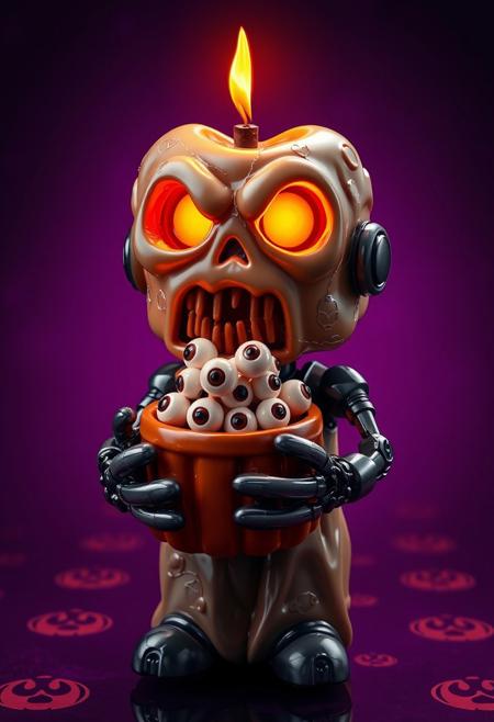 A hyper-stylized image of the scary candle face, a twisted, nightmarish figure with a face of horror carved into the wax. The candle's wick is lit, casting a flickering, eerie glow over the distorted, melting wax. Random eyeballs, embedded within the candle's wax, begin to rise to the surface, like bubbles in a cauldron. The eyes are a milky white, with pupils that seem to be staring out into the A hyper-stylized image of a spooky and cute Halloween robot, with a shiny, metallic body and glowing, orange eyes. The robot is holding a little pumpkin candy pail, but instead of candy, the pail is filled with AA batteries. The batteries are stacked up in a neat, little pyramid, with a few loose ones spilling out of the pail. The robot's body is adorned with intricate, swirling patterns of cobwebs and spiders, adding to the overall Halloween theme. The background is a deep, rich purple, with a subtle, textured pattern of jack-o'-lanterns and ghosts, adding to the overall sense of spooky, whimsical charm. The robot's expression is one of playful, mischievous innocence, as if it's enjoying the thrill of trick-or-treating, but with a twist. highest-Quality, intricate details, visually stunning, Masterpiece