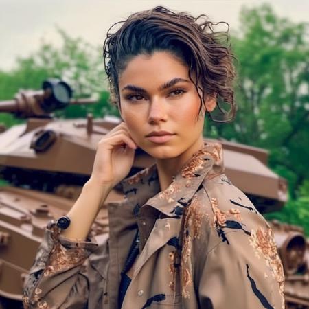 <lora:sohniahmed_lora_sdxl:1> sohniahmed (low angle, headshot:1.2) photo of woman, she is wearing sukajan , her hair is styled as wet look hair, BREAK she is (standing on top of a Sherman tank:1.1), direct flash photography, Voigtlnder Nokton 50mm f1.1 ,