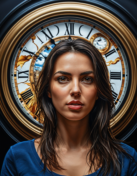 Smooth Quality ,A woman with the same expression as the creator of distorted time, A distorted space with distorted clocks
 revolving around, realistic depiction, high res, 4k, extreme detail, Realistic Rendering, Expert Work, intense colors,
 dark atmosphere, Oil Painting,<lora:add-detail-xl:0.6>, <lora:clear:1>