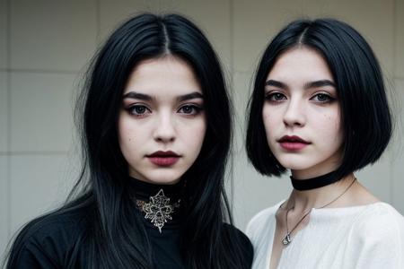 Teen brunnete nordic goth girl | tattoo | dark | Adult | On street | High quality | gothic makeup | realistic | informal | cute girl | bob cut hair | choker | solo | black hair