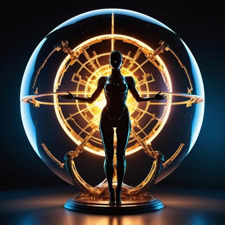 A high-resolution photo of a silhouette of a beautiful woman standing in a glowing sphere of energy, with bolts of energy shooting out of the sphere. She is holding out a hand reaching to great the viewer. The setting is very high-tech and futuristic.
BREAK
 Dark theme, dynamic lighting, (soft shadows), (soft focus), (photo realistic), uhd, 8k