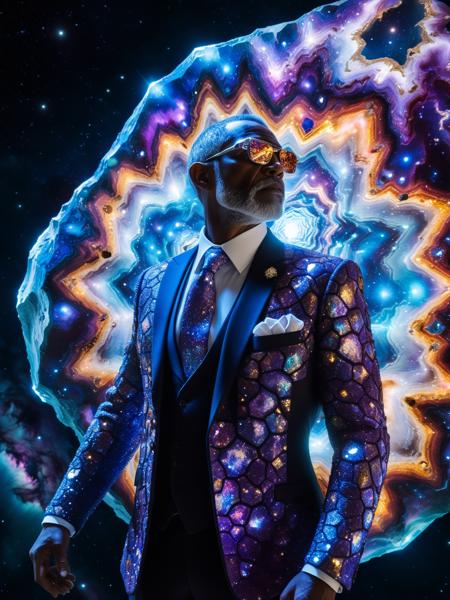 Amidst the infinite canvas of space, a character wearing a suit covered in reflective crystal structures floats near a colossal geode asteroid. Their suit is adorned with intricate metallic patterns resembling mathematical tesselations and glowing lines of energy. The asteroidâs cracked open surface reveals a dazzling array of colorful, luminescent crystals arranged in perfect Fibonacci spirals. The characterâs eyes, filled with stars, gaze in awe at the galactic treasure before them. In the background, nebulae and distant galaxies add to the fantastical scene, their lights creating a kaleidoscopic effect on the characterâs suit and the geodeâs crystals. The deep silence of space is contrasted by the vibrant, energetic display of cosmic beauty.
<lora:fractal-art.v1:1>