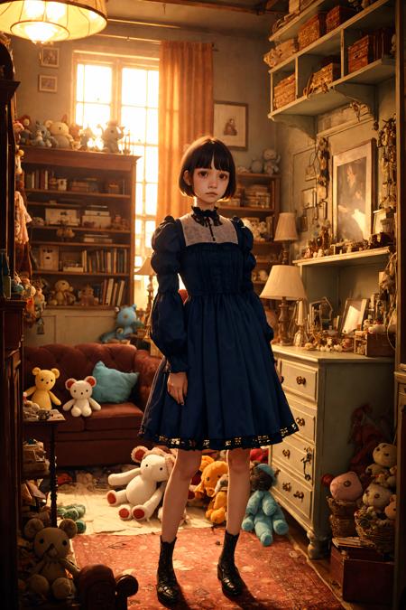 young woman with tired eyes standing in a personal study, cute, short hair, couch, lots of stuffed toys and various clutter and mess in background, intricate, highly detailed, gothic dress