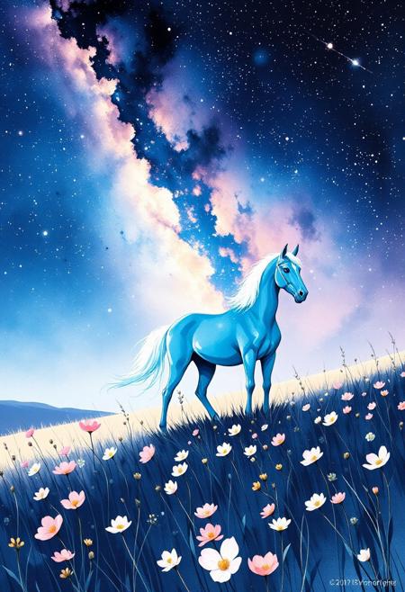"A dreamlike meadow under a celestial sky, where overexposed stars melt into soft, ethereal glows—like smudged chalk on indigo paper. Below, a windswept field of wildflowers sways in muted pastels: blush pinks, dusty lavenders, and wheat golds, their petals lifted in a gentle wind as translucent as tissue paper. At the center, a translucent blue horse stands poised, its form glowing with a quiet cerulean halo, mane trailing into delicate stardust. The air hums with subtle gradients—sky meeting earth in layered washes of watercolor, while faint streaks of silver suggest distant comets. Keep Flux’s fluidity but mute the chaos: focus on whispered surrealism, where motion blurs into serenity and light feels like a held breath."  
This prompt combines Ando's signature materials (concrete, geometric rigor) with the fleeting elegance of sakura, balancing structure and organic flow.
Paint a serene yet dynamic watercolor scene in the Flux art style,
<lora:FLUX-daubrez-DB4RZ-v2:0.35> DB4RZ, DB4RZ style painting <lora:illustration004:0.8> illustration004 chaotic expressive line-art scribbled and erratic strokes monochromatic black ink <lora:Scribble Portrait Drawing:0.35> Drawing <lora:aidmaMJ6.1_v0.5_3:0.35> aidmamj6.1, aidmamj6, mystcorbCE_style