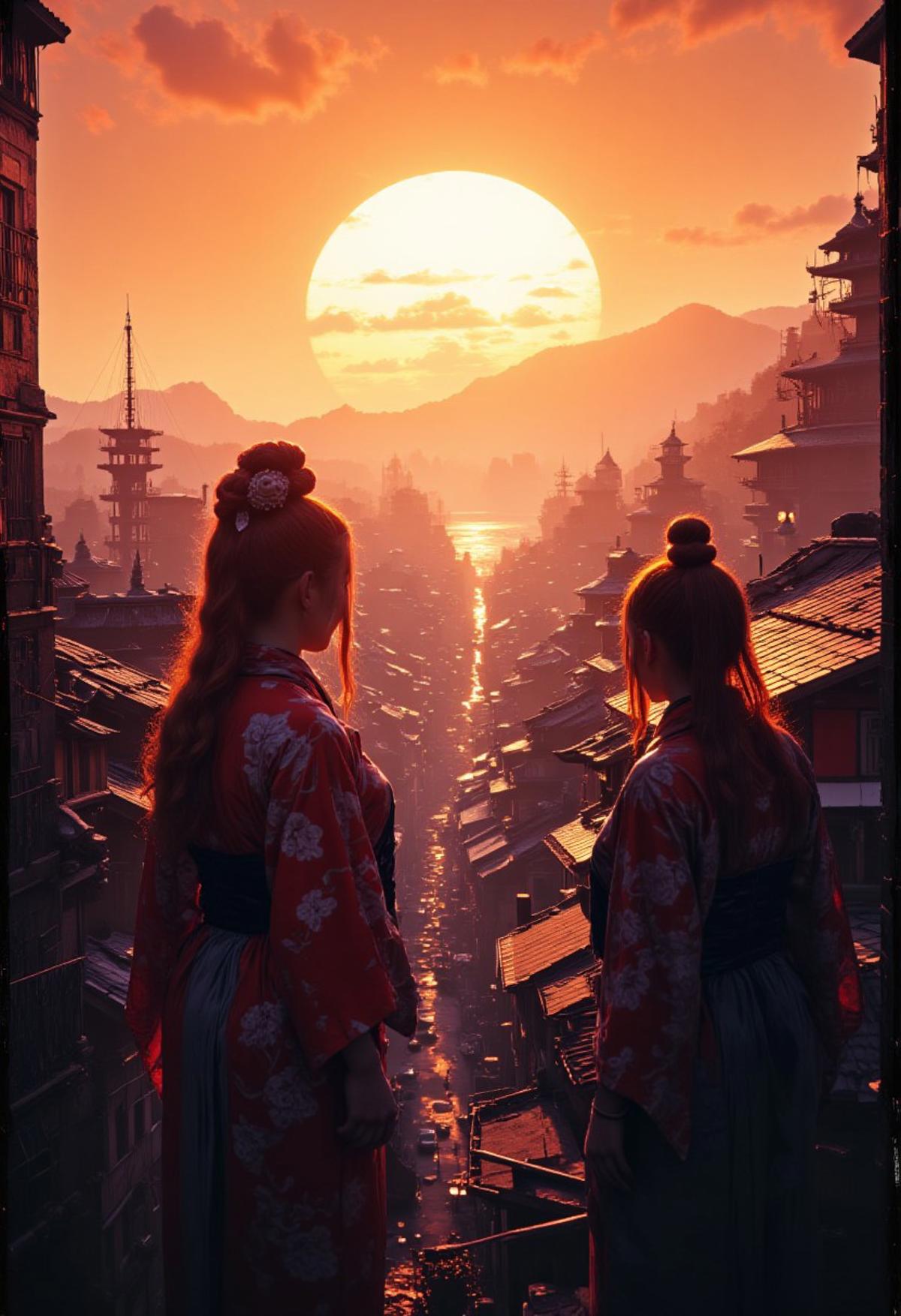 Epic Gaming Poster, octane render, landscape of a In the heart of a bustling city, a group of artists dressed in traditional Japanese clothing stand on their rooftops. The sun is setting, casting a warm orange glow over the scene. Happy,
, detailmaximizer. secretlab, once human