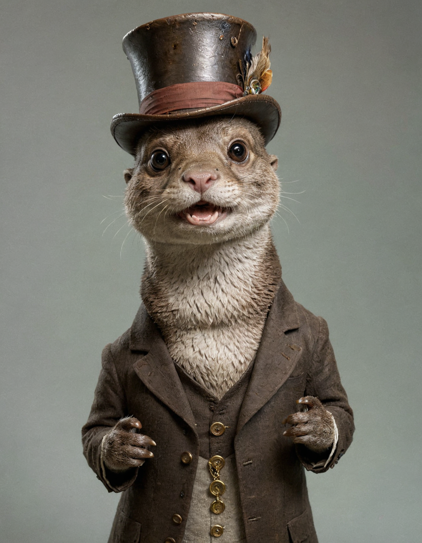 by Abraham Pether and Jean-Baptiste Monge, incredibly cute otter,  top hat, full shot, hyper detailed, professional poster art, bold lines, award winning,  trending on ArtStation , (intricate details, masterpiece, best quality:1.4), looking at viewer, dynamic pose
in the style of nicola samori ,  big eyes, big teeth