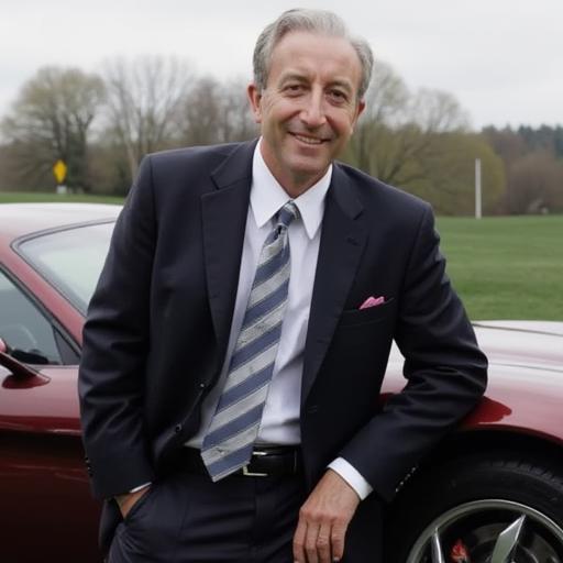 an image of peter sellers wearing a business suit leaning against a sports car