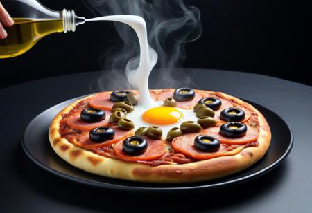 masterpiece, best quality, absurdres, no humans, plant focus, (pizza made of pizza, pizzasdx:1.4), holding in mid air, (one fried egg in center of pizza:0.8), (fumes of vapor coming from top of hot pizza:1.3), (red tomato sauce, melted grilled cheese, small Black Olives, slices of Mushrooms, very small pieces of melted mozzarella, oregano herbs:0.4), (dices of grilled slices of cooked ham:1.3), plate, (indoors, restaurant, dark:1.2), bottle of olive oil
