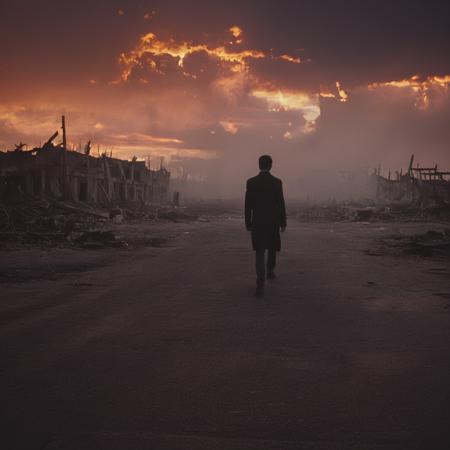 cinematic film still of  <lora:volumetric lighting:1> volumetric lighting style
a man walking through a dystopian destroyed wrecked city with a red orange hell fire sunset sky above,solo,1boy,standing,male focus,outdoors,sky,cloud,from behind,cloudy sky,building,scenery,sunset,city,cityscape , volumetric lighting, haze light, fog light, beam light, shallow depth of field, vignette, highly detailed, high budget, bokeh, cinemascope, moody, epic, gorgeous, film grain, grainy