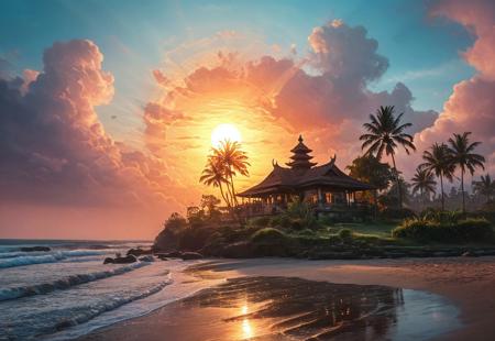 The sun has risen and is casting its light on the a wonderful Bali landscape, a picturesque ocean, at the beach there are a lots of Palm trees, at the beachside, there is a little old  cottage house, lovely fantasy, sunrise, romantic colors,   I return with the same fervor as before, my soul as joyful as ever, eager to serve you. Joy surrounds me from every corner. A rich and complex oil painting of sounds, a living tapestry woven from the hues and textures captured by a digital mirrorless camera. This melody creates an enchanting and haunting shot world full of intricate details that invite you to listen and discover, masterpiece, best quality, double exposure, realistic, whimsical, fantastic, splash art, intricate detailed, hyperdetailed, maximalist style, psychedelic, post-apocalyptic, photorealistic, concept art, sharp focus, harmony, serenity, tranquility, morning sky, surrounding clouds, mysterious glow, perfectly round sun,
ambient occlusion, halation, cozy ambient lighting, dynamic lighting, double exposure, mentixis, metix, linquivera, liiv1, award winning, BadDream, ais-lineart