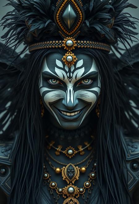 symmetrical medium shot of the underworld Princess, lust face expression, evil smile, white tribal makeup, extremely beautiful, small white eyeballs, long wet black hair, grunge clothes, grunge black armour, grunge black golden jewelry, grunge black feathers crown, hyper realistic, ultra detailed, translucent black skin, black skin, mist, wind