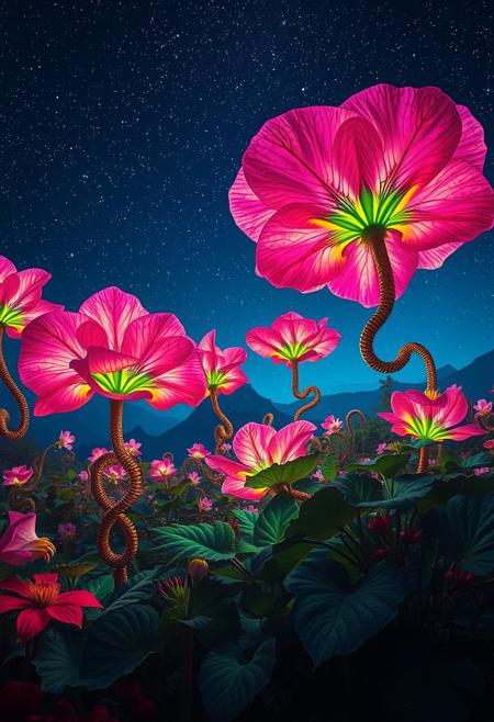 Giant, spotlit begonias, with iridescent petals and twisting, serpentine stems, dominate a surreal, psychedelic landscape under a deep, starry night sky, as if beheld through a kaleidoscope. The atmosphere is heavy with an otherworldly, mystical energy, reminiscent of Mikalojus Konstantinas Ciurlionis's Symbolist landscapes, Miriam Schapiro's vibrant, floral Pattern and Decoration movement, and Naomi Okubo's dreamlike, fantastical scenes. Acidic, hallucinogenic accents dance across the image, imbuing the scene with an air of mystique and wonder. Captured in the style of hyper-realistic photography, with ultra-detailed, high-definition imagery, this 8K-resolution digital art masterpiece boasts an absurd level of detail, making it perfect as an official, themed phone wallpaper.