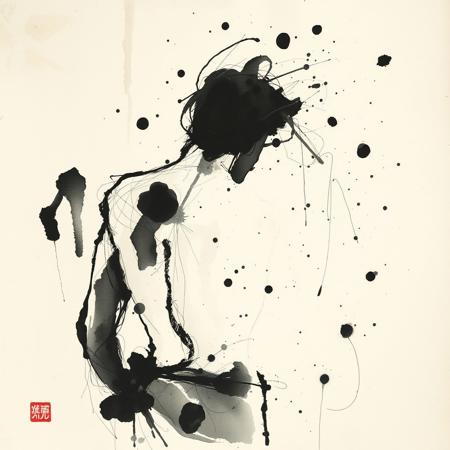 墨汚粗筆古紙 ink stains - rough brush - aged paper. Male nude. Sumi-e ink wash painting by Jackson Pollock.