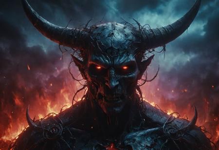 minimal, clean wire install, apocalypse core virus, black plague intrigue, the last smile in red oil paint Wide range of colors., azure blues and deep purples, demon horns Dramatic,Dynamic,Cinematic,Sharp details Insane quality. Insane resolution. Insane details. Masterpiece. 32k resolution