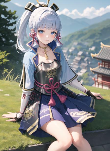 <lora:kamisatoayaka1-000008:1>, kamisatoayakadef, full body, sitting, smile, blush, outdoors, day, simple background, blue sky, short hair, sky, temple, looking at viewer, sitting on stairs, mountain, moody lighting,