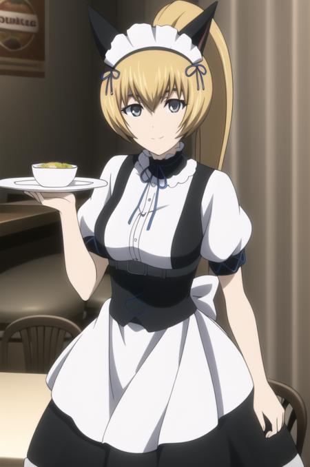 (masterpiece), high quality, (detailed background), 1girl, solo,
<lora:SteinsGateMayuri-v1-06:0.7>, ChopioMayuri, grey eyes, (looking at viewer:1.3),
blonde hair, long hair, ponytail,
outfit_2, fake animal ears, choker, ribbon, maid, maid headdress, belt,
 smile,
cafe, holding plate, omurice,