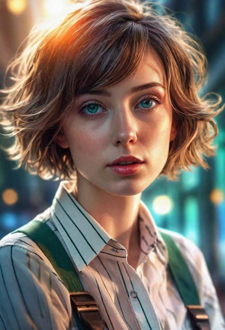 (best quality, masterpiece, beautiful and aesthetic:1.2, colorful, dynamic angle)((Full shot)), (highly detailed illustration), science fiction, extreme detailed, colorful,35mm, bokeh, 9:16, (intricate details, hyperdetailed:1.15), detailed, sunlight passing through hair (high contrast, official art, extreme detailed, highest detailed), <lora:Leeloo_5thElement_MillaJovovich_smf_lora_v2:0.9>, 1girl, l3e1o057h-smf, solo, realistic, shirt, blue eyes, looking at viewer, lips, short hair, parted lips, short hair, upper body, striped shirt, white shirt, suspenders, short sleeves, blurry, nose, bangs, indoors, blunt bangs, green eyes, blurry background, portrait <lora:add_detail:0.5>