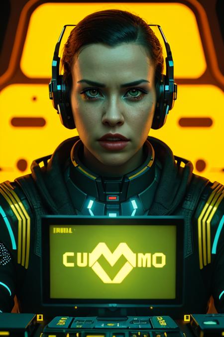 cinematic photo cyberpunk masterpiece, cyberwoman, solo, looking at viewer, cowboy shot, yellow eyes, plump, computer room, white tshirt <lora:cyberpunk_v4:1> . 35mm photograph, film, bokeh, professional, 4k, highly detailed