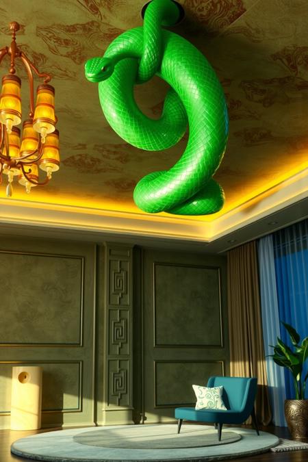jade_snake. Living room, big jade_snake on the ceiling, glorious glow, lights on the wall, green aura