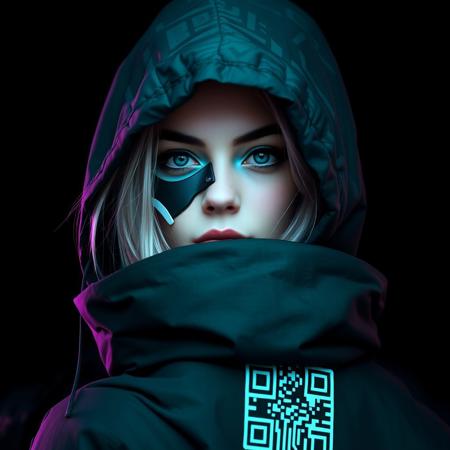 cyberpunk, closeup portrait of a woman with a half robot face, pastel green/teal/purple,  wearing a black high collar hooded parka with technical macro writing resembling an qr-code//bar-code on the back, solo, woman, high collar parka,