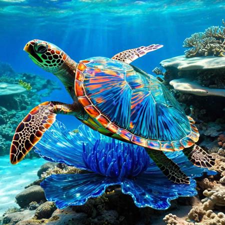 Blue glass turtle under water,
Broken glass effect,
 coral reef in the background,
stunning,
something that doesn't even exist,
to be mythical,
energy,
molecular,
textures,
iridescent and luminescent scales,
breathtaking beauty,
pure perfection,
divine presence,
unforgettable,
impressive,
breathtaking beauty,
Volumetric light,
will have,
rays,
bright colors reflect