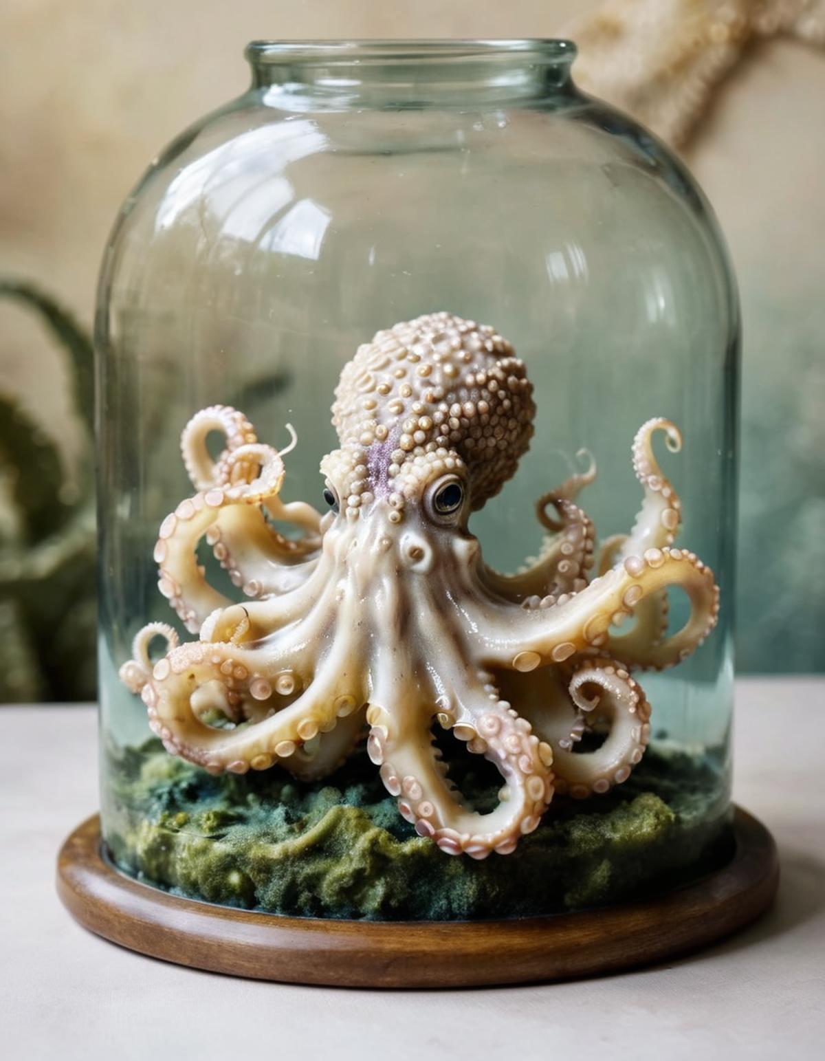 A small white octopus under a glass dome on a table.