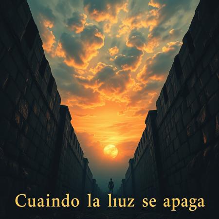 rock album cover for a melancholic rock about prison The walls shake with voiceless echoes,  
The monsters advance with ferocious gestures.  
He knows that the dawn will never come,  
while the gloom begins to bite him.life, , dramatic sunset, view from below, heavy  looking determined, album title "Cuando la luz se apaga"