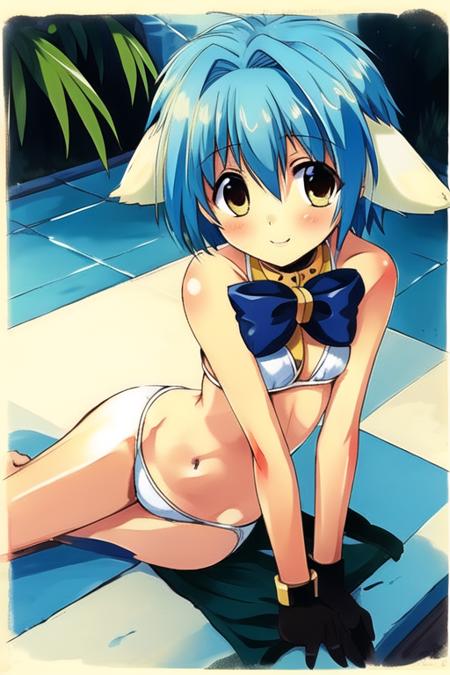 <lora:mint:0.8>mint,girl,,white globe,smile,,(bikini:1.3),Fold hands behind  back,animal ear,sitting,