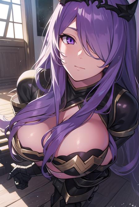 camilla, (hair over one eye:1.5), long hair, (purple eyes:1.1), purple hair, wavy hair, armor, armored boots, black armor, boots, gauntlets, grey footwear, knee boots,