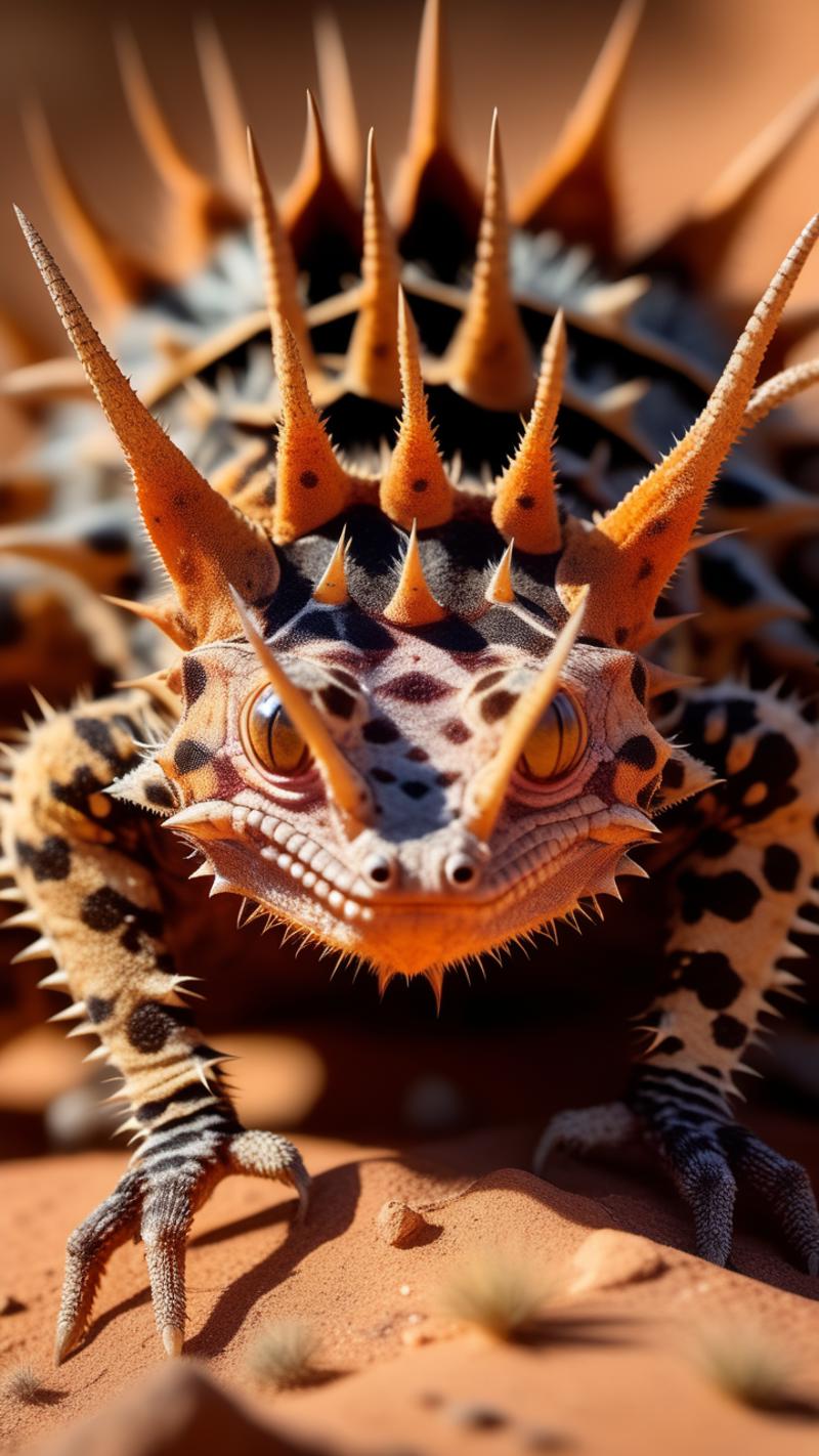 A close-up of a horned animal with spikes on its head.
