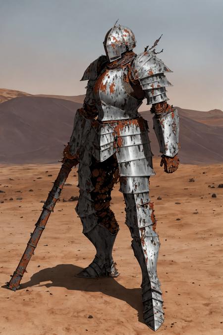 Armored knight with partially destroyed armor, rust, wasteland, clutter, highly detailed junk filled desert background, hot enviroment, heat,