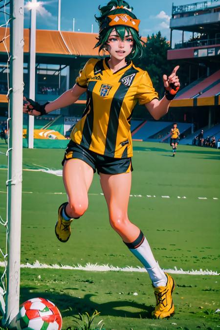 (extremely detailed CG unity 8k wallpaper), (best quality), (ultra-detailed), (best illustration), 1girl, detailed soccer stadium, outdoors, beautiful sunlight, soccer uniform, shorts, socks, soccer,  green field, smiling,  <lora:kriko:1>, facial mark,  <lyco:strongestclub-10:0.8>, strongestclub