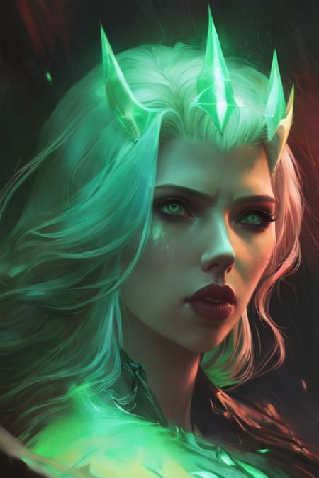 close portrait of ruinedlol scarlett johansson, dramatic lighting, green mist, dark, illustration by Greg rutkowski, yoji shinkawa, 4k, digital art, concept art, trending on artstation