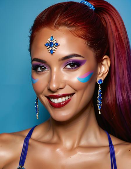 A photo-realistic shoot from a portrait camera angle about a woman with vibrant red hair and colorful body paint, smiling at the viewer. the image also shows a woman in the middle of the frame, who appears to be a young adult with fair skin and a slender physique, wearing a revealing purple and blue outfit with gold accents. the woman has long, straight red hair styled in a high ponytail and is adorned with a hair ornament and earrings. she is facing the viewer and looking directly at them with a smile on her face. her eyes are blue and her expression is a smile. her body is covered in a gradient of blue and purple hues, with some areas appearing darker and others lighter. the background is dark and blurry, with a focus on the woman's face and body. the lighting is soft and warm, casting gentle shadows.