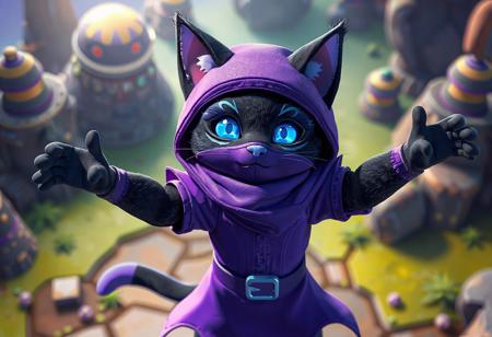 Lunalight Blue Cat, black fur, purple masked face, purple outfit, hat. Catapult Zone backdrop. Arms outstretched. Isometric, dynamic pose. Matte painting, splash ink, octane render, Unreal Engine 5, Raphael style, Houdini style. Captivating light, vivid emotion, joyful impact. Detailed eyes. CGSociety, Artstation trending, golden ratio, 4k, high-res.